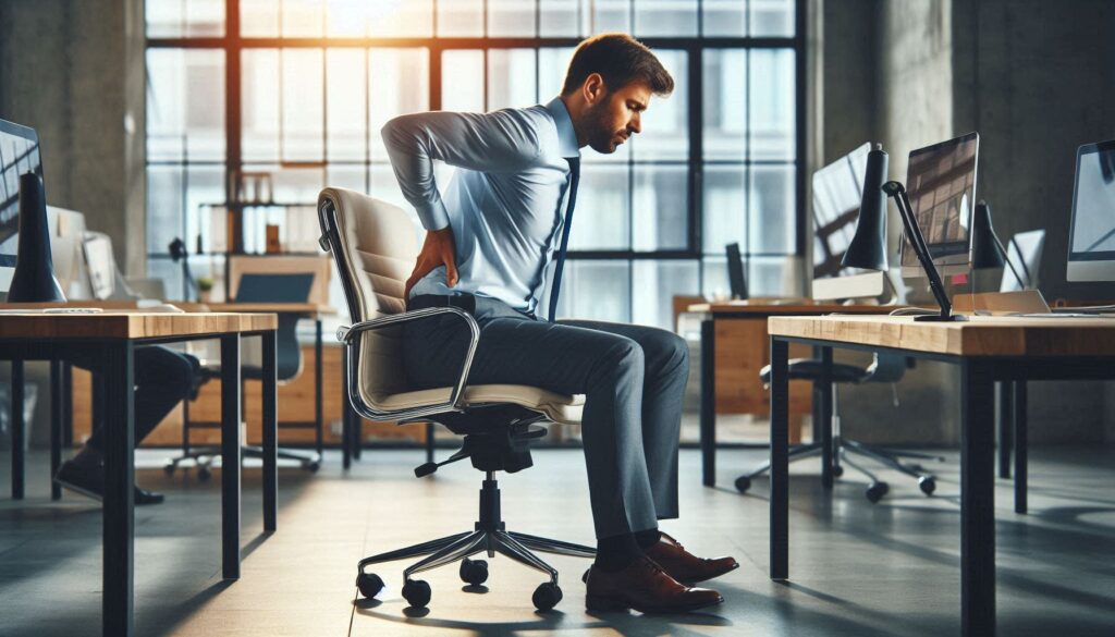 사무실 의자에서 일어나며 허리를 잡고 통증을 느끼는 30대 직장인