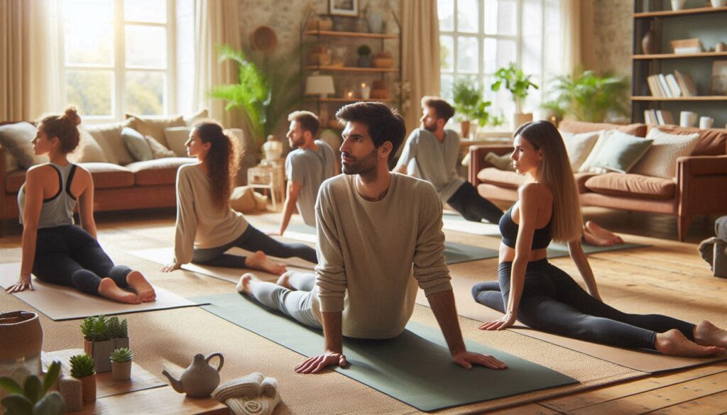 집에서 매트 위에서 허리 스트레칭을 하는 30대 남녀