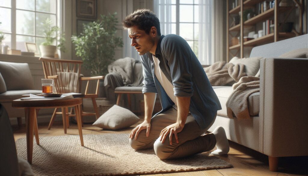 허리를 숙이며 통증을 느끼는 30대 남성