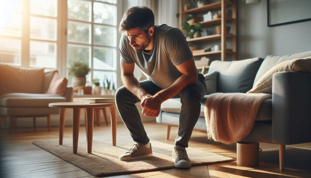 허리를 숙이며 통증을 느끼는 30대 남성