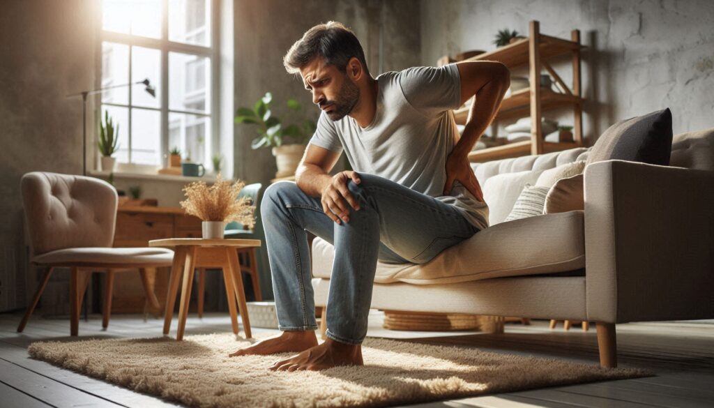 허리를 숙이며 통증을 느끼는 30대 남성