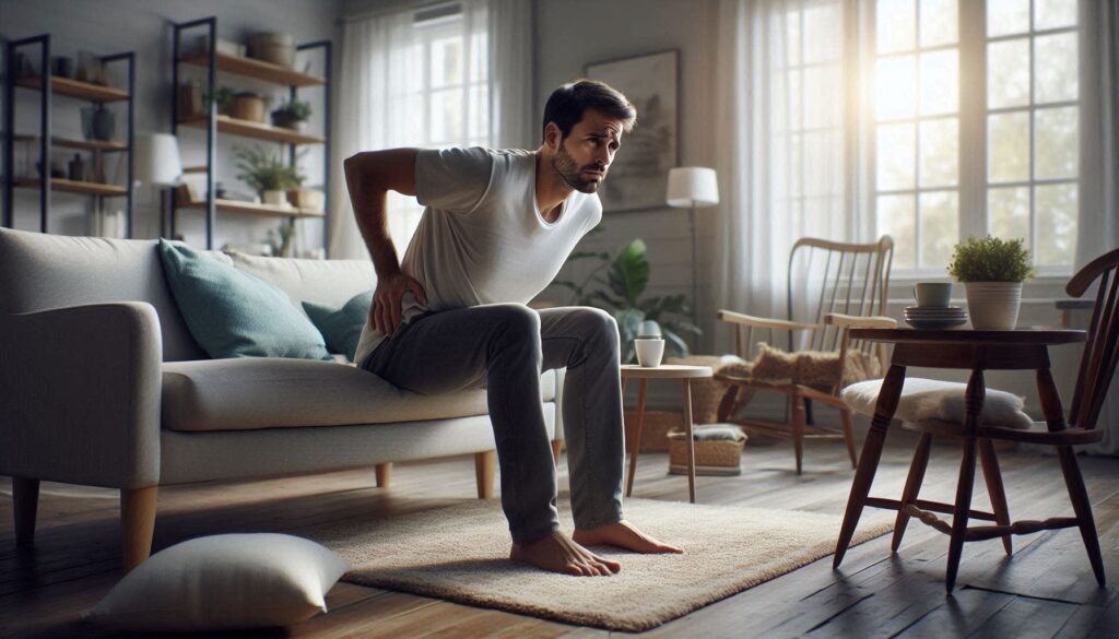 허리를 숙이며 통증을 느끼는 30대 남성