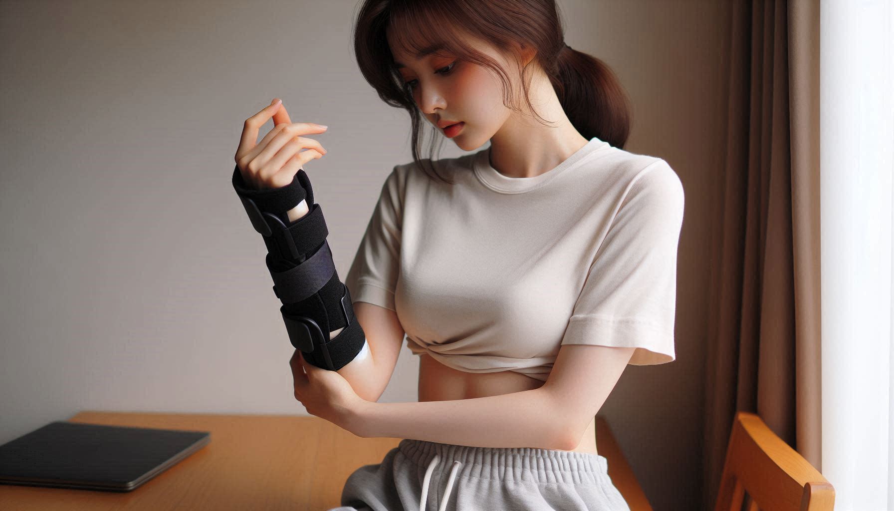 손목 보호대 효과 확인을 위해 통증 부위를 짚는 모습